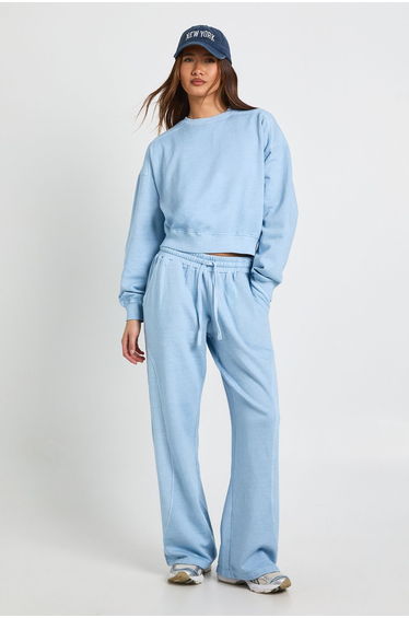Washed Ribbed Detail Straight Leg Tracksuit - light blue