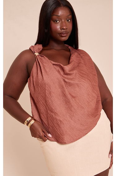 Plus Brown Textured Woven Trim Drape Top