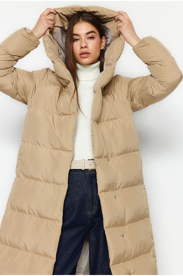 Mink Long Quilted Puffer Jacket with Side Snap Closure Water Repellent