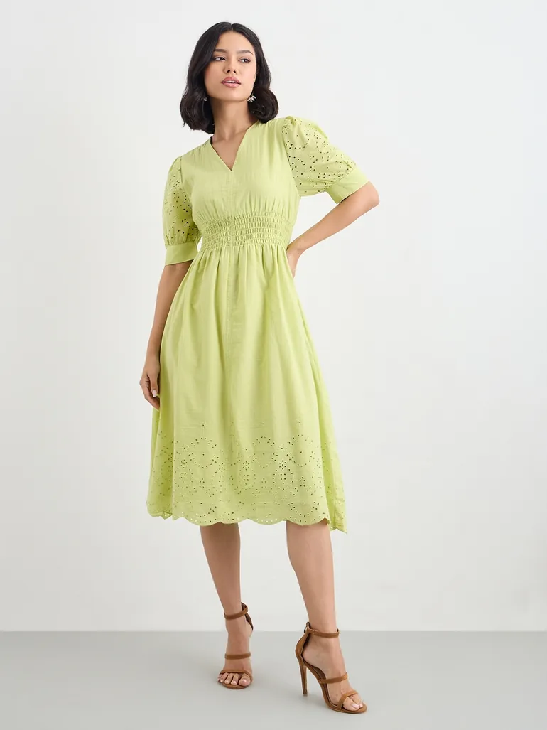 Women Green Schiffli V Neck A-Line Mid Dress Styli Green : Day Dresses : VogaCloset Oman Women Green Schiffli V Neck A-Line Mid Dress Styli Green : Day Dresses : VogaCloset Oman
