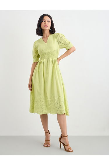 Women Green Schiffli V Neck A-Line Mid Dress