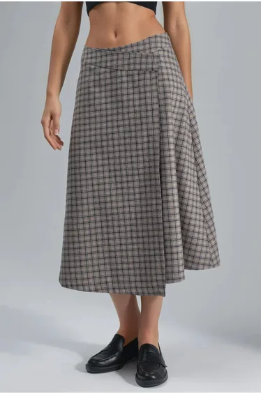 High Waist Plaid Midi Skirt