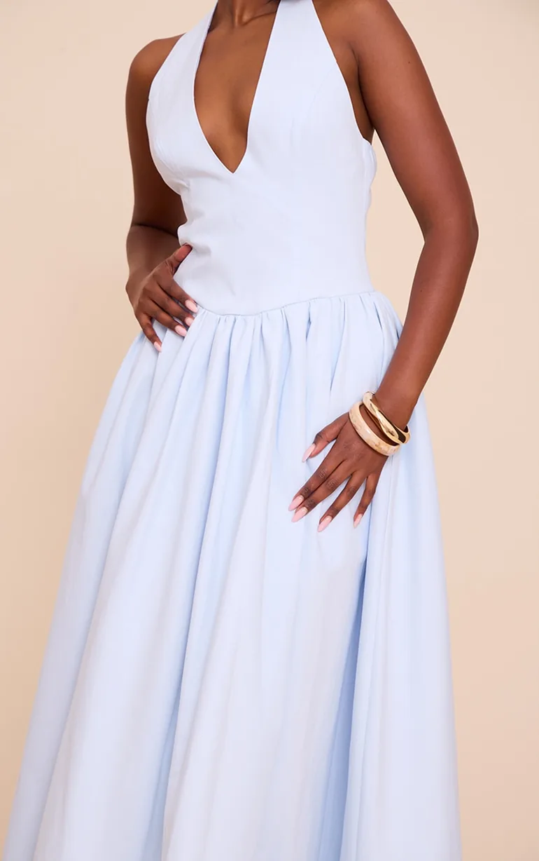 ruched open-back midaxi dress in light blue Ruched Open-Back Midaxi Dress in Light Blue