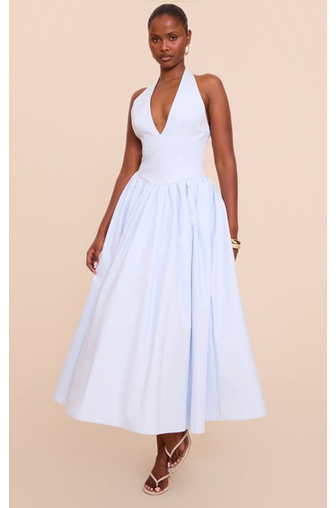 Light Blue Halterneck Tie Detail Ruched Midaxi Dress