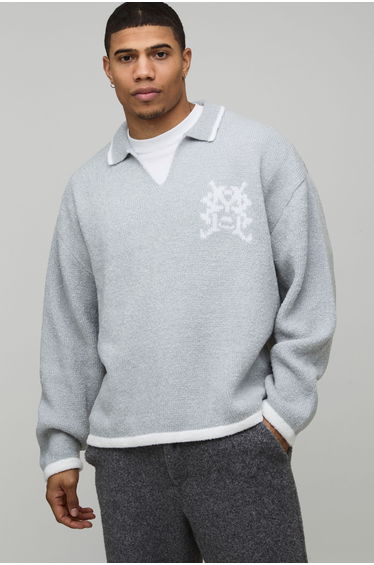 Oversized Boxy V Neck Mixed Boucle Embroidered Polo Jumper - light grey