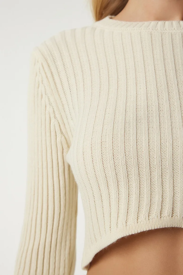 Women's Cream Corduroy Crop Skirt Sweater Suit - 5