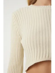 Women's Cream Corduroy Crop Skirt Sweater Suit - 5