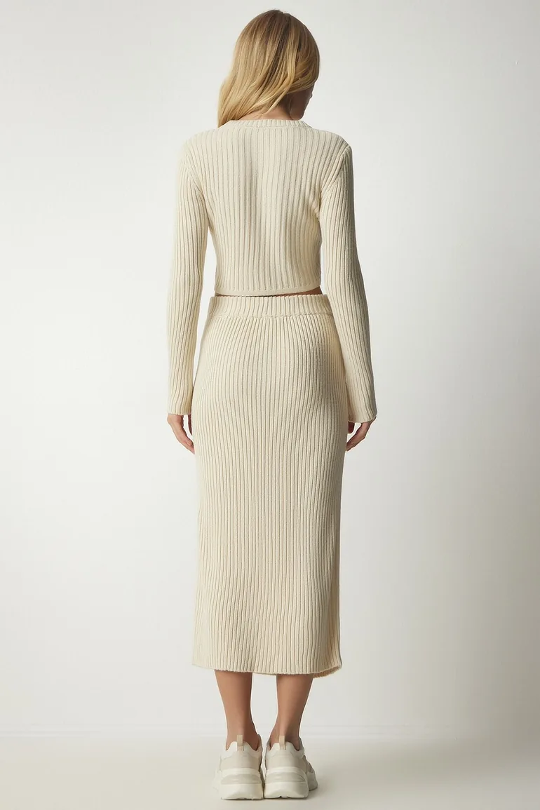 Women's Cream Corduroy Crop Skirt Sweater Suit - 3