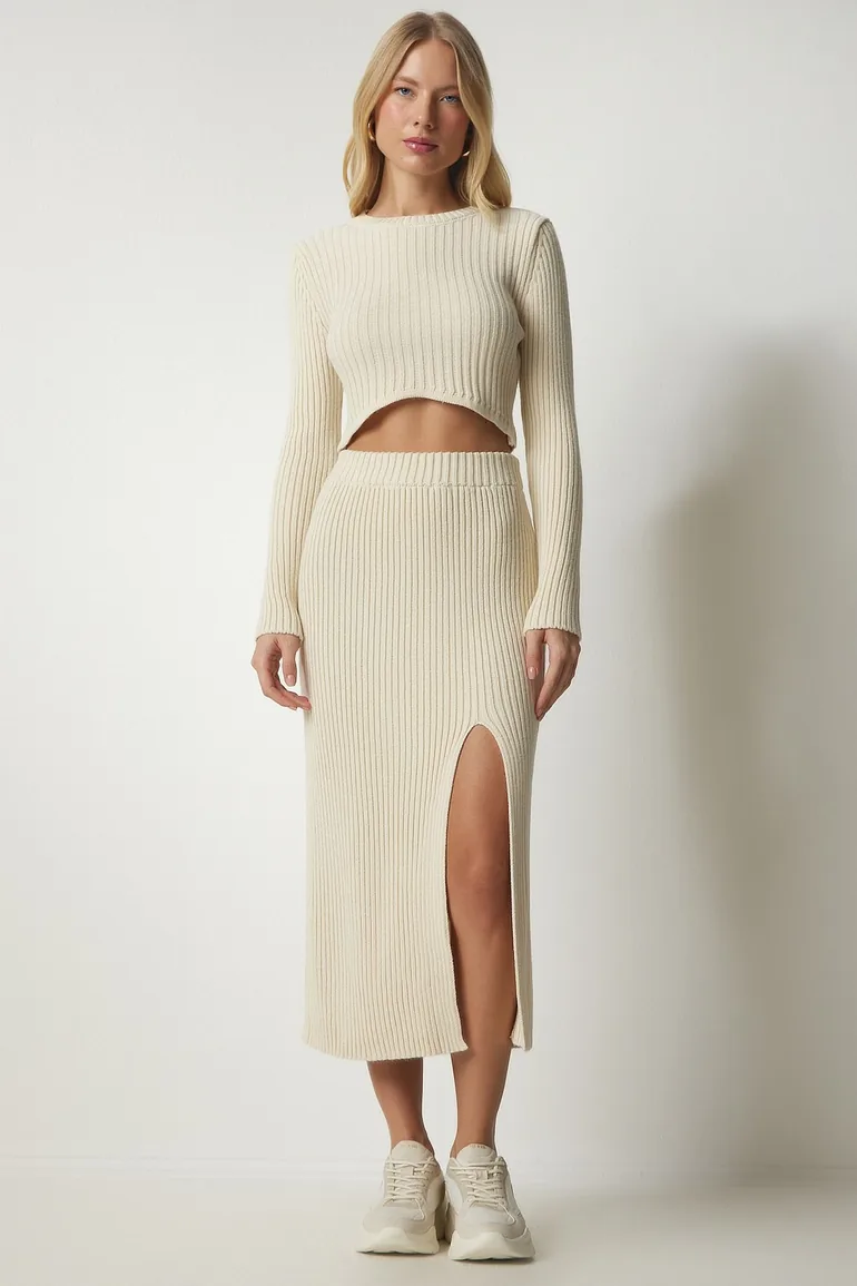 Women's Cream Corduroy Crop Skirt Sweater Suit