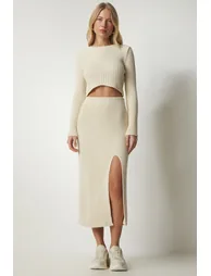 Women's Cream Corduroy Crop Skirt Sweater Suit