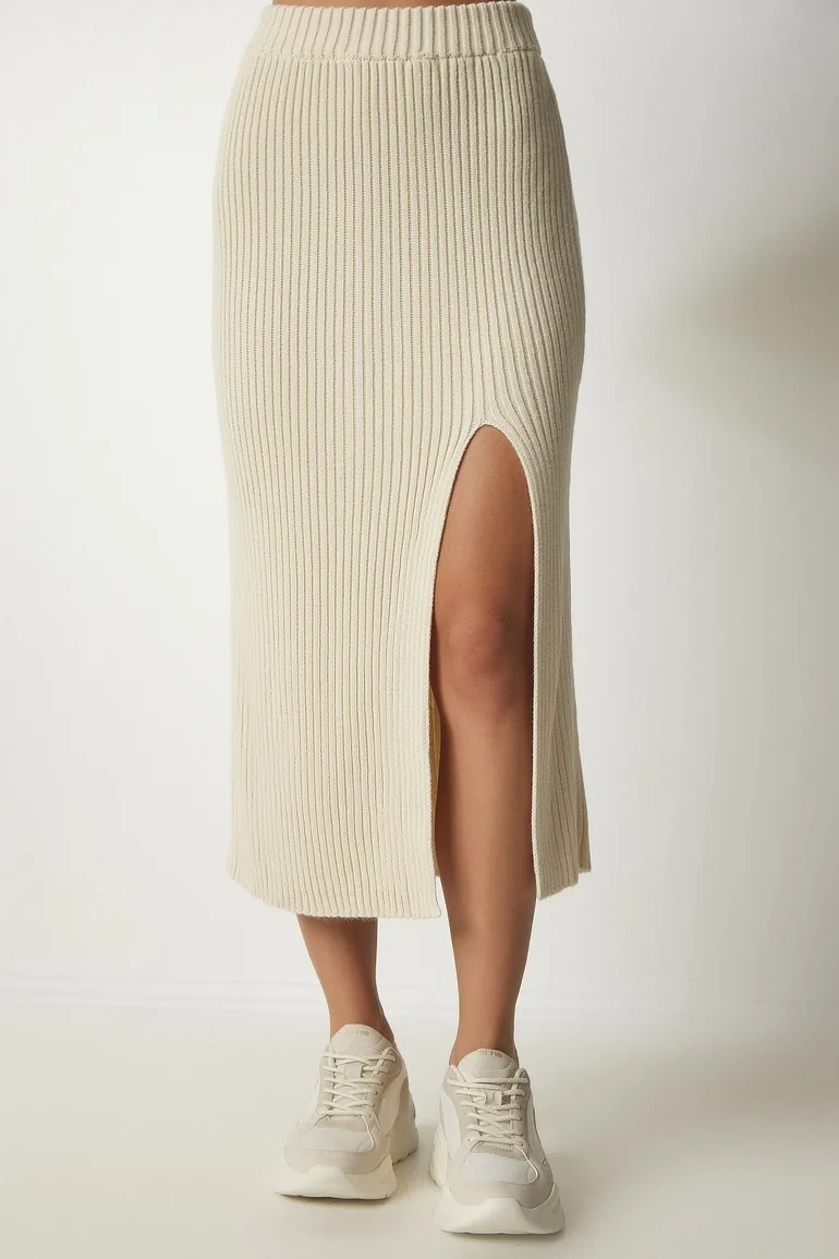 Women's Cream Corduroy Crop Skirt Sweater Suit - 6