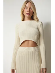 Women's Cream Corduroy Crop Skirt Sweater Suit - 2