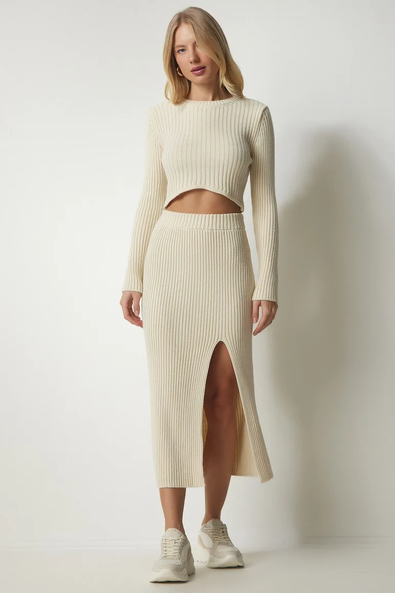 Women's Cream Corduroy Crop Skirt Sweater Suit - 1