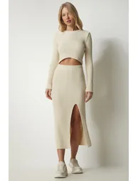 Women's Cream Corduroy Crop Skirt Sweater Suit - 1