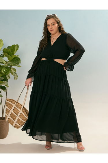 Plus Black Solid Waist Cut-Out Maxi Dress