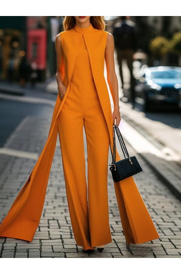 High Waisted Loose Pockets Solid Color Round-Neck Jumpsuits