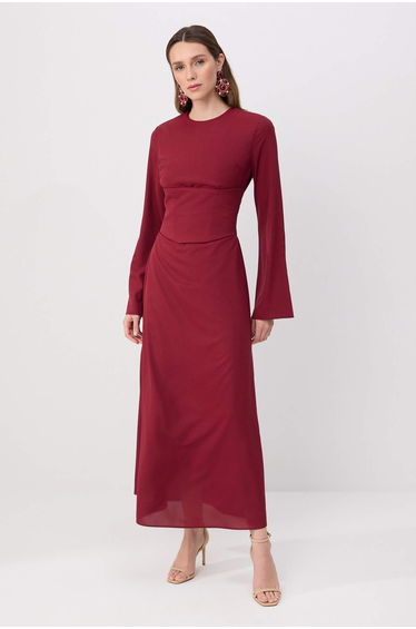 Burgundy Corset Detailed Woven Evening Dress