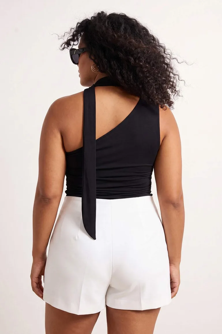 Black Fitted/Bodycon Collar Tie Detail Soft Knitted Plus Size Blouse - 4