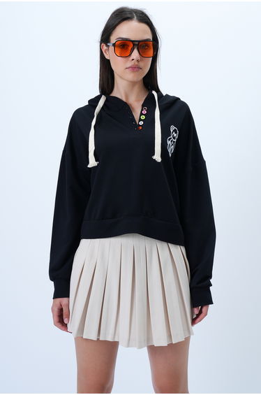 Women's Black Hooded Teddy Bear Embroidered Colorful Buttoned Cotton Sweatshirt