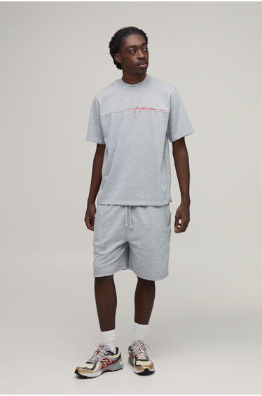 Regular Loopback Contrast Stitch Embroidered T-Shirt and Regular Fit Short Set - grey marl