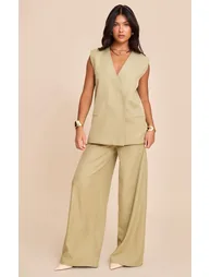 Sage Khaki Woven Extreme Wide Leg Pleated Mid Rise Wide Leg Trousers - 5