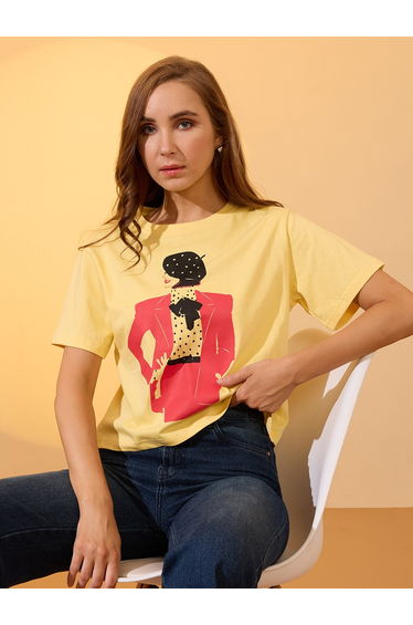 Yellow Lady Graphic Print Boxy Crop T-Shirt