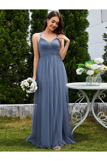 ever JAYCEE|Chic Lace Sheer Back and Cross Straps V-Neck Sleeveless Bridesmaid Dress
