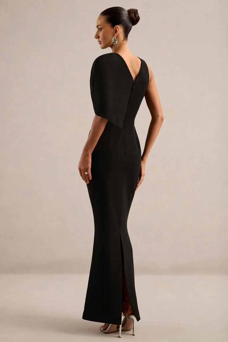 Quira | Black Asymmetric-Neck Maxi Dress With Cape-Sleeve - 1