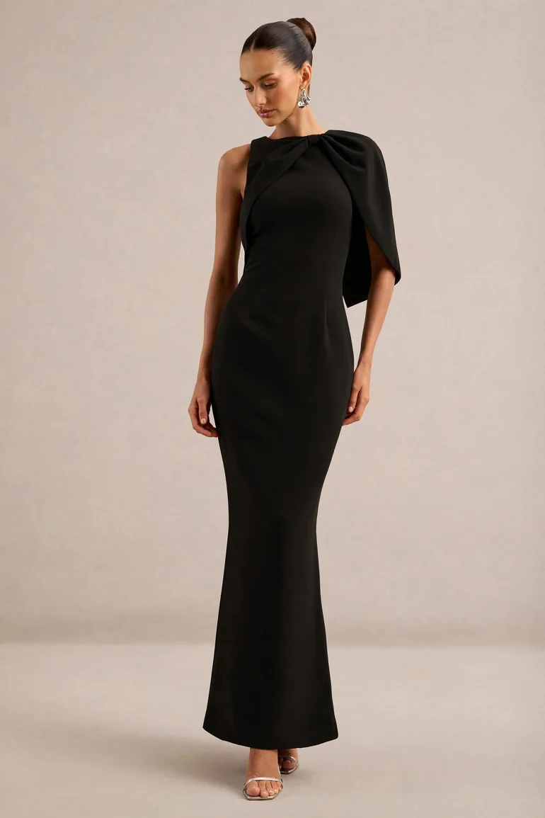 Quira | Black Asymmetric-Neck Maxi Dress With Cape-Sleeve - 4