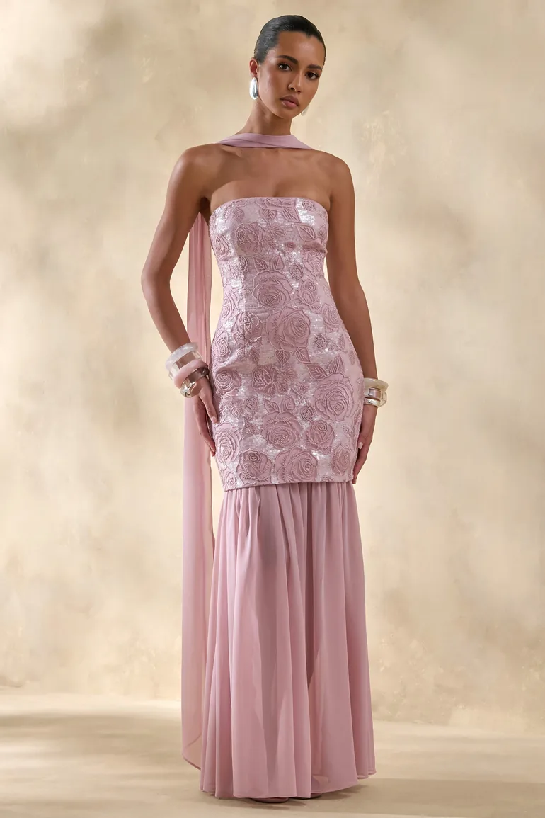 Meraly | Pink Sequin Bandeau Maxi Dress With Scarf-Detail - 4