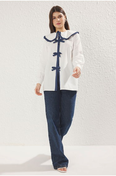 Ecru Ribbon Detail Baby Collar Shirt