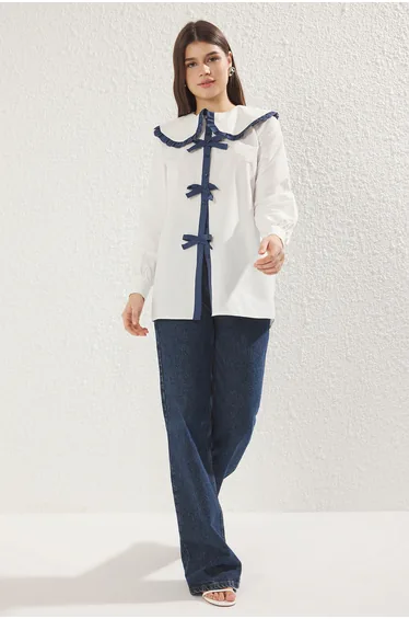 Ecru Ribbon Detail Baby Collar Shirt