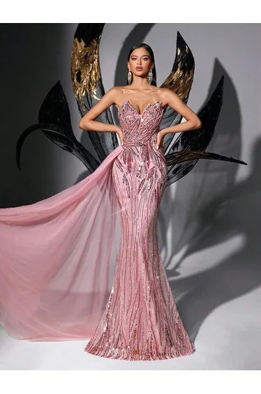 Fairy Style Pink Sequin Strapless Lace Up Gown Dress
