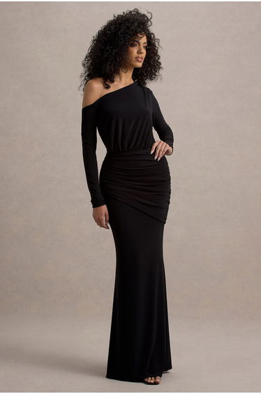 Deanna | Black Asymmetric Long-Sleeve Ruched Maxi Dress