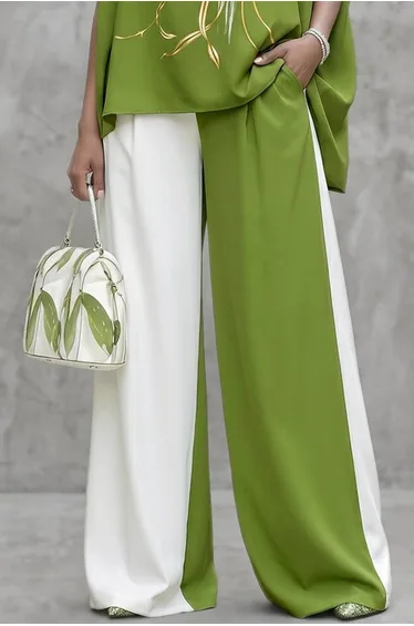 High Waisted Wide Leg Contrast Color Pockets Casual Pants Bottoms Trousers