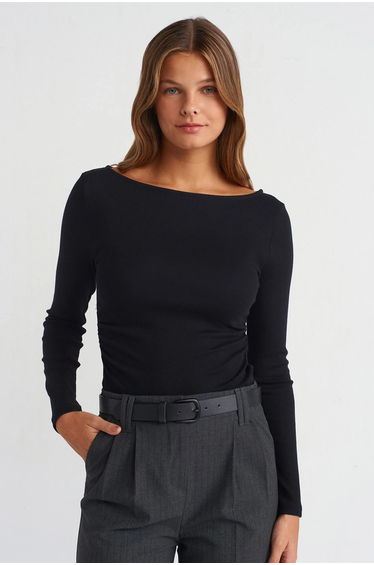 DILVIN Slim Fit Ribbed Boat Neck Blouse