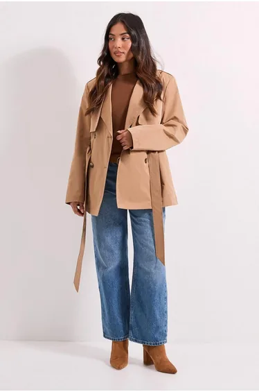 Petite Double Breasted Belted Trench Coat