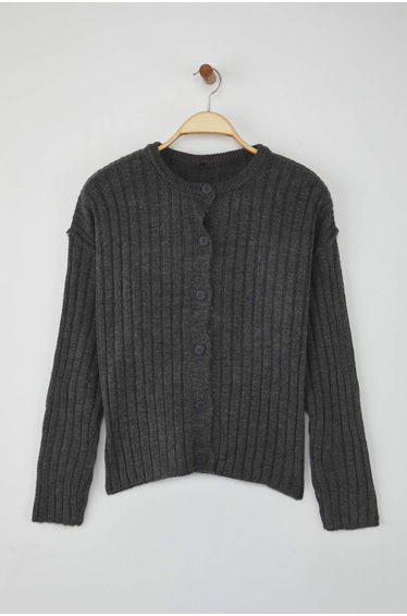 Anthracite More Sustainable Basic Ribbed Wide Pattern Knitwear Cardigan