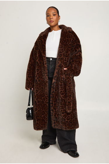 Plus Tie Waist Faux Fur Longline Coat