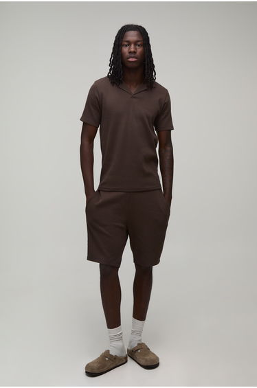 Slim Fit Waffle Revere Polo & Shorts Set - chocolate