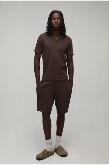 Slim Fit Waffle Revere Polo & Shorts Set - chocolate