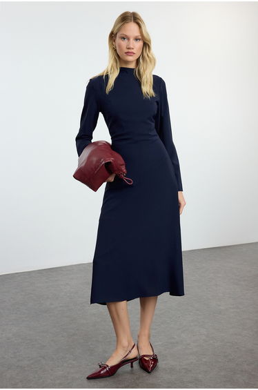 Navy Blue Shift/Straight Cut Satin Midi Woven Dress