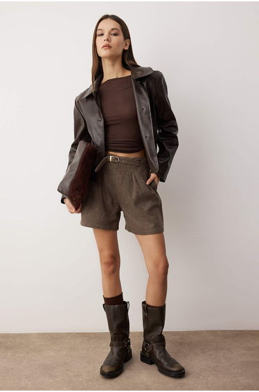 Brown Cashmere Belt Buckle Shorts & Bermuda