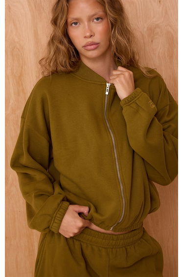 Olive Cotton Fleece Bomber Jacket