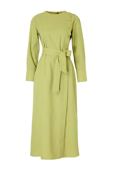 Oil Green Unlined Plain Woven Linen Blend Hijab Dress