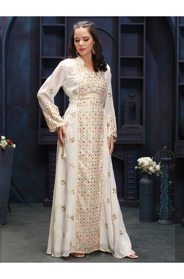Cream Mirror-Work Embroidered Jalabiya