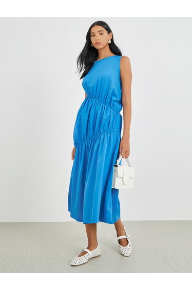 Solid Sleeveless Irregular Pleated Detail Midi Dress