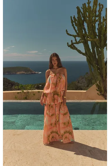 Peach Printed Sweetheart Neck Tiered Maxi Dress