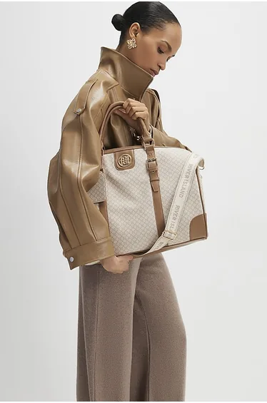 Beige Buckled Monogram Barrell Bag