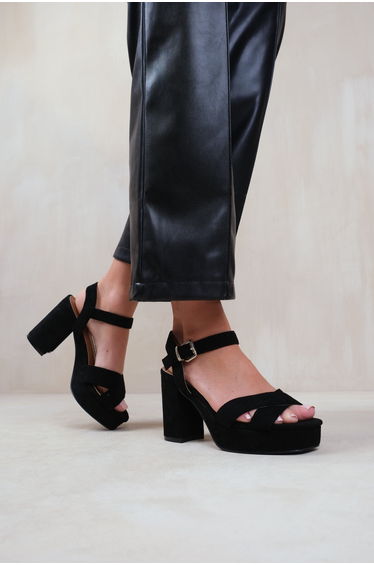 MARCIA WIDE FIT STATEMENT PLATFORM STRAPPY BLOCK HIGH HEELS SHOES IN BLACK SUEDE